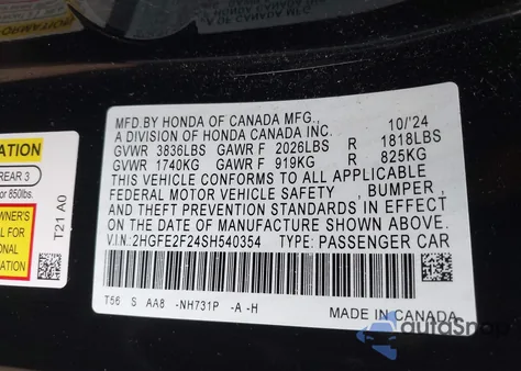 2025 Honda Civic Lx z USA, uszkodzony, nr VIN 2HGFE2F24SH540354